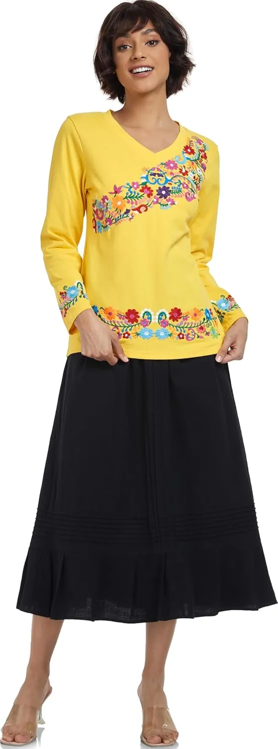 YZXDORWJ Mexican Long Sleeve Shirts for Women Peasant Embroidered Blouse Floral Traditional T-Shirt Boho Tee