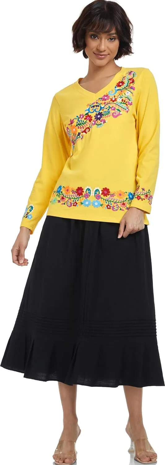YZXDORWJ Mexican Long Sleeve Shirts for Women Peasant Embroidered Blouse Floral Traditional T-Shirt Boho Tee